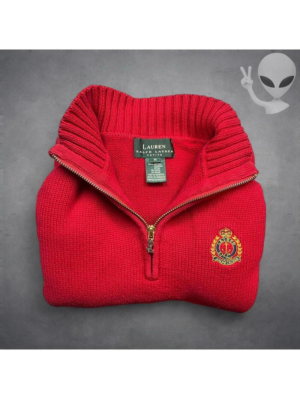 Lauren Ralph Lauren Knit Sweater Petite Medium Red Quarterzip Preppy Crest 90s - Picture 7 of 8
